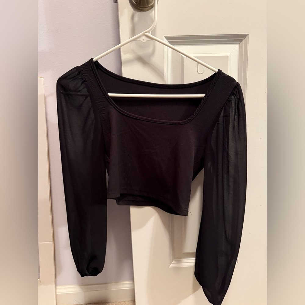 SHEIN Black Sheer Sleeve Crop Top